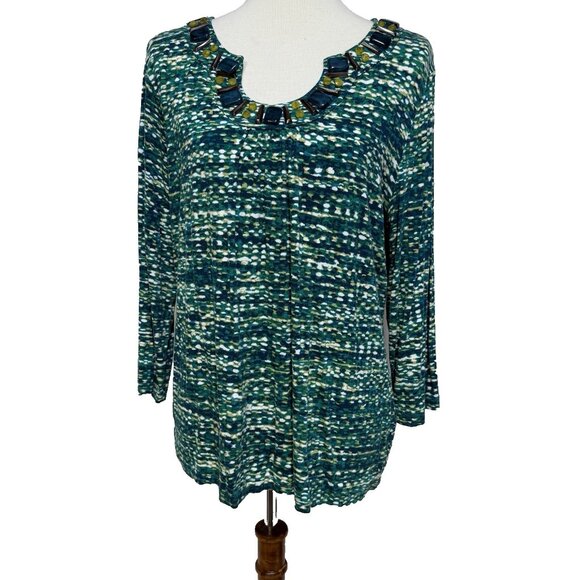 Ruby Rd. Tops - Ruby Rd Womens Large Blouse Knit Top Shirt Embellished Neckline Green Blue